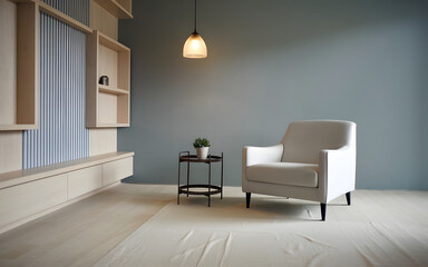 Modern living room with a minimalist aesthetic. Soft, neutral colors and clean lines create a calming atmosphere.