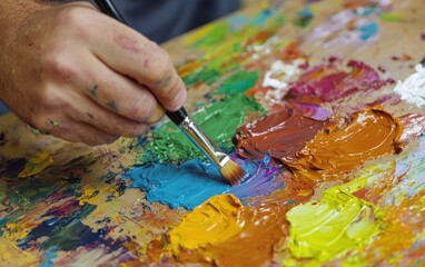 Obraz premium Artist Hand Mixing Vibrant Paints on Palette with Brush Detail