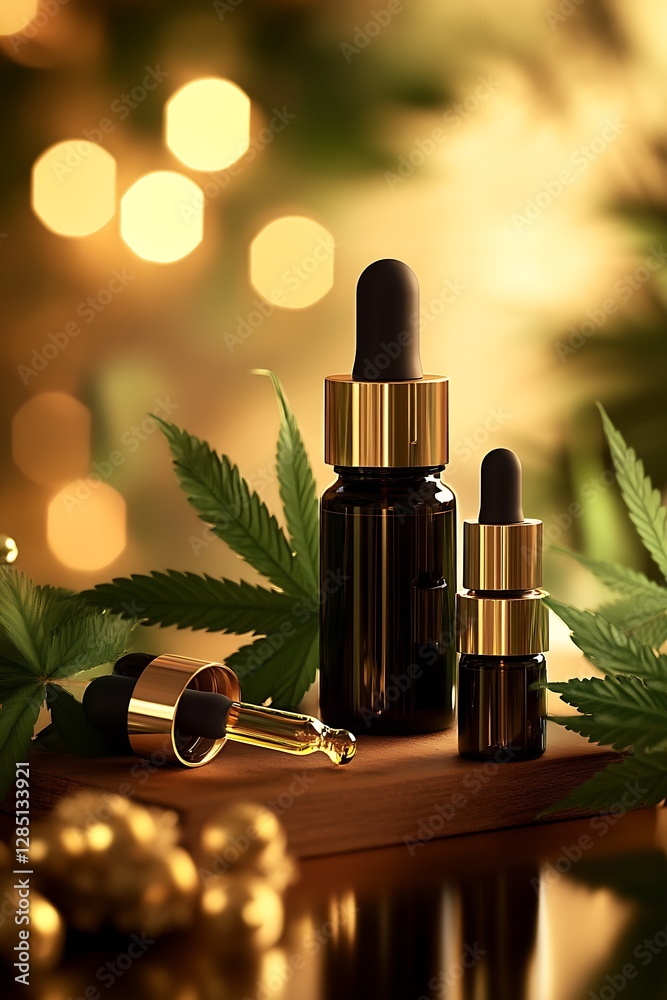 Aufkleber artistic display of unique hemp oil bottles in different sizes on wooden surface surrounded by natur