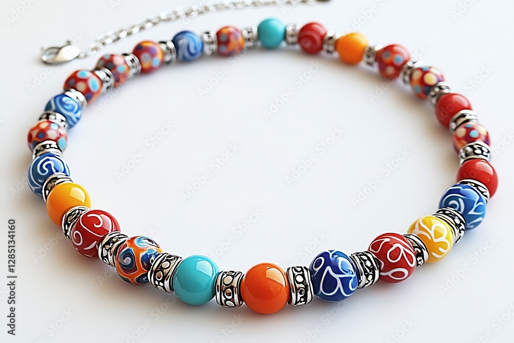 Poster Beautiful Beaded Necklace with Vibrant Colors and Unique Patterns in Close-Up View : Generative AI