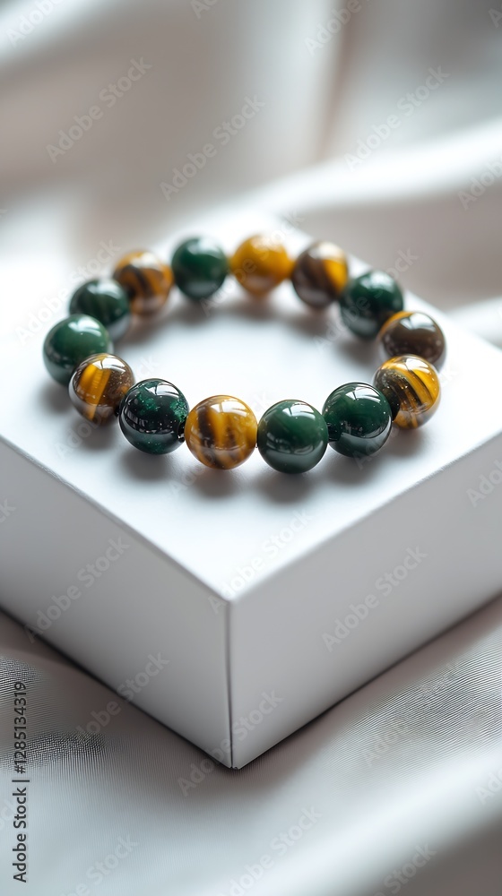Poster Close-up view of exquisite gemstone bracelet with green and brown colors arranged in a repeating pattern on soft fabric : Generative AI