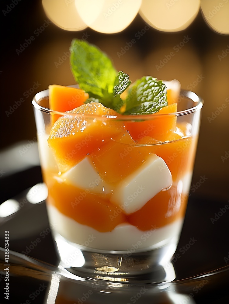 Poster Appetizing mango and yogurt dessert layered in a sleek glass with mint leaves for added freshness : Generative AI