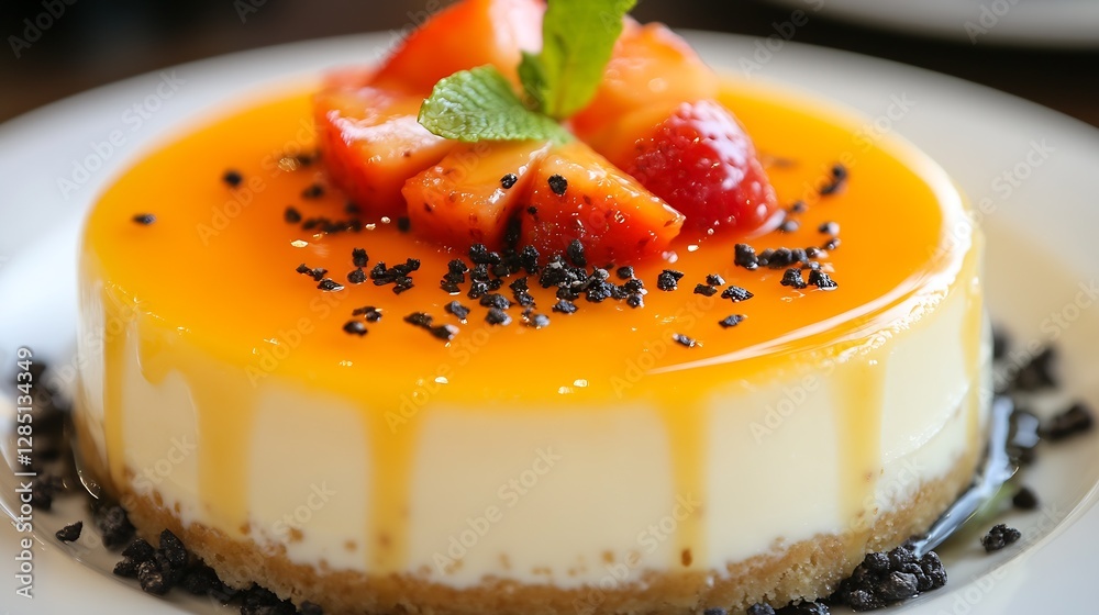 Poster Irresistible Cheesecake with Orange Glaze and Fresh Strawberries on Top Complimented by a Cookie Crust : Generative AI