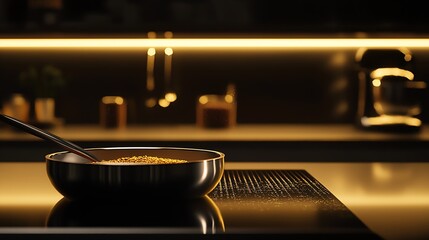 Elegant dark kitchen scene with cooking pot and glowing countertop showcasing modern culinary atmosphere : Generative AI