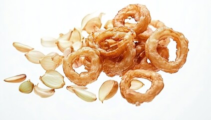 A delightful mix of crispy fried rings and delicate flower petals on a white background for an exquisite treat : Generative AI