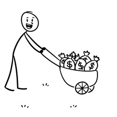 a business man pushing a cart with a sack of lucky dollars