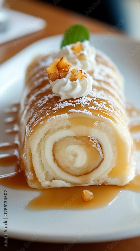 Poster Delicious dessert roll drizzled with caramel and topped with cream and crunchy bits of sweet toppings : Generative AI