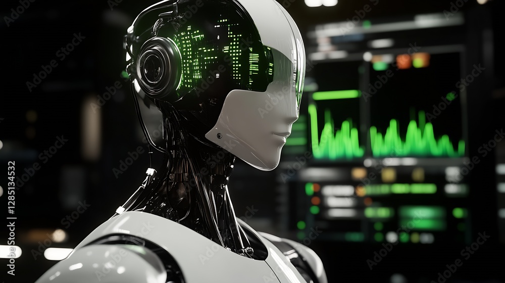 Poster Futuristic humanoid robot with green digital interface against a high-tech background : Generative AI