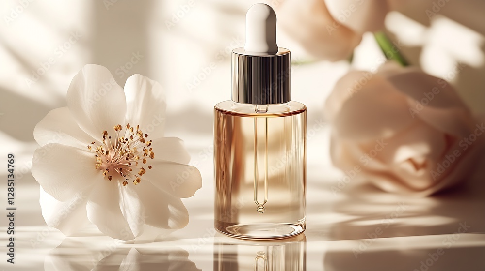 Poster elegant glass dropper bottle of essential oil with soft flower bloom nearby creating a tranquil atmo
