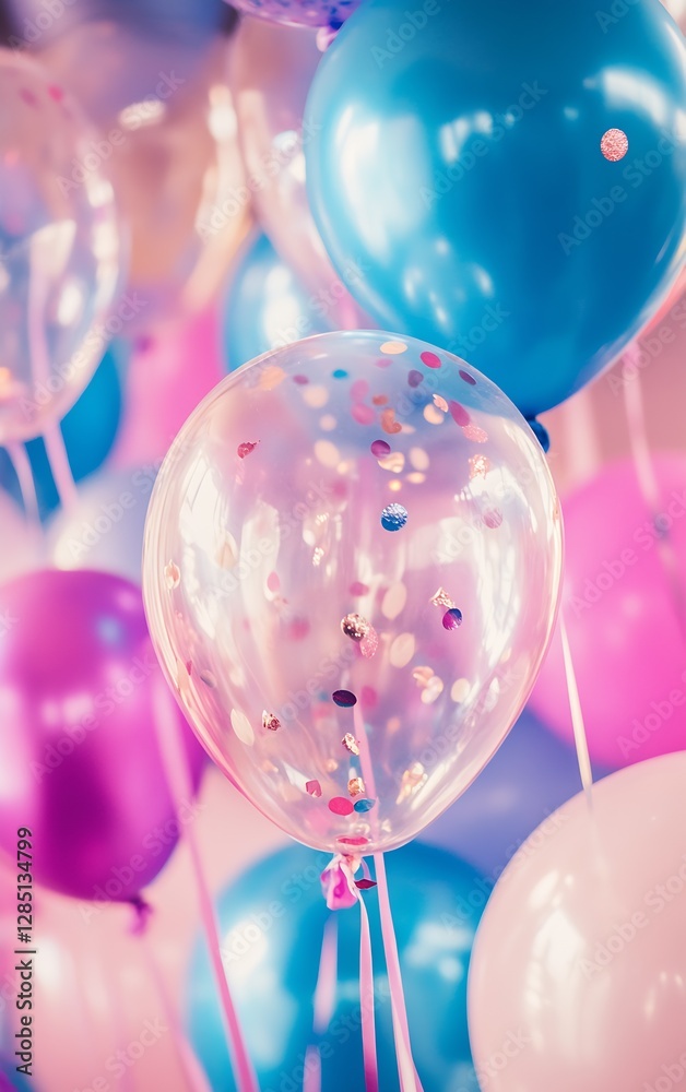 Poster Vibrant display of balloons with playful confetti detail creating a joyful atmosphere for celebrations : Generative AI