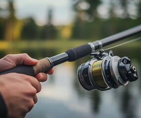 Detailed view of a hand holding a fishing rod and reel ready for action in nature : Generative AI