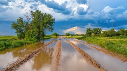 Scenic View of Waterlogged Farm Road Surrounded by Lush Green Landscape and Dramatic Clouds