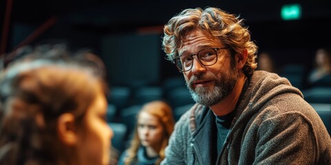 Obraz premium Professor interacting with students during university lecture in auditorium