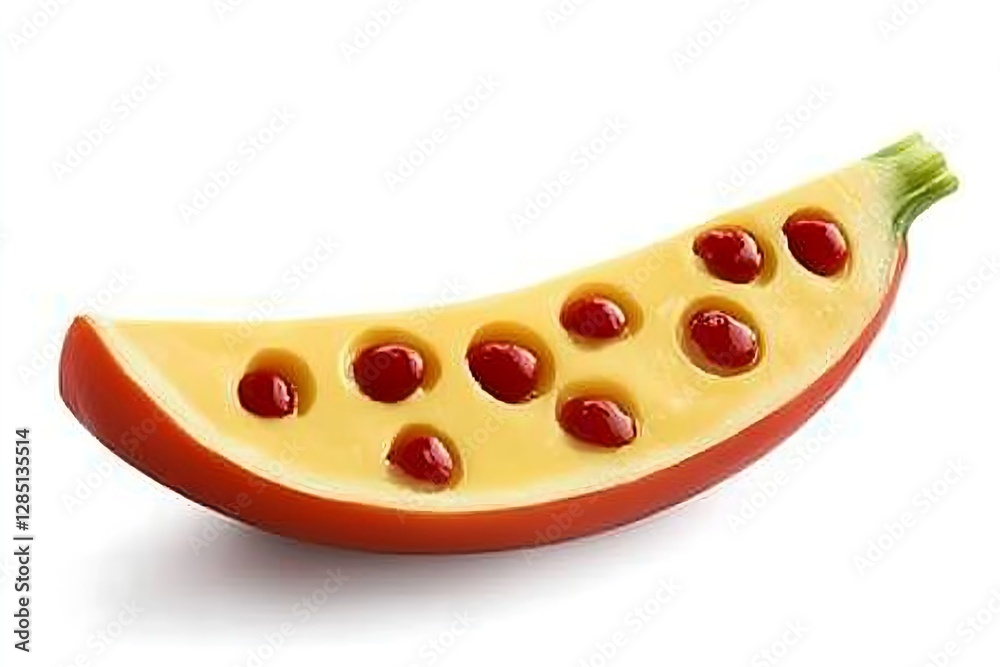 Poster artfully arranged half of a tropical fruit with vibrant yellow flesh and smooth texture surrounded b