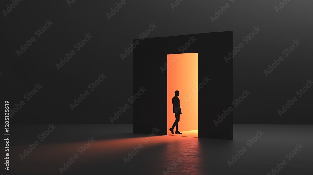 Poster individual silhouette walking towards an orange lit doorway in a dark, abstract space setting : gene