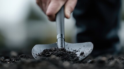 Person digging in dark soil, close-up of shovel