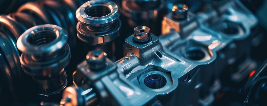 Detail of a high performance car engine with visible pistons and valves