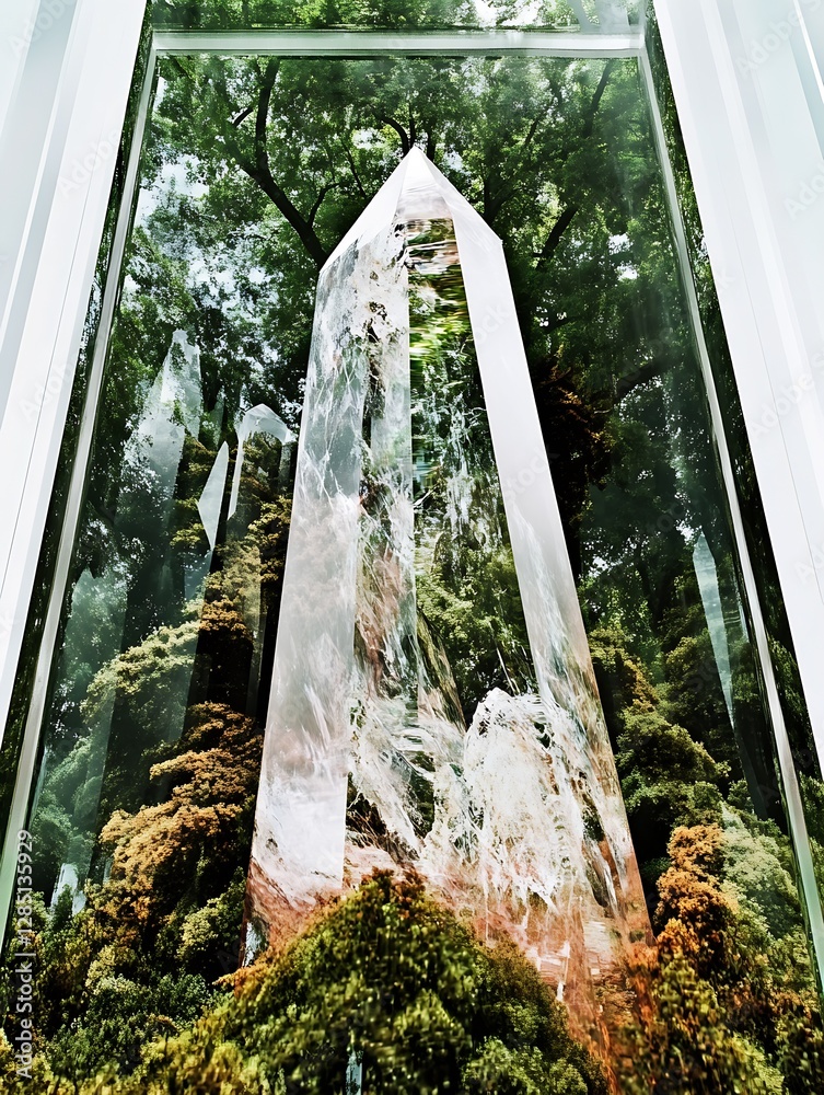 Leinwandbilder Striking crystalline structure reflecting forest scenery from behind glass creating a stunning visual display : Generative AI