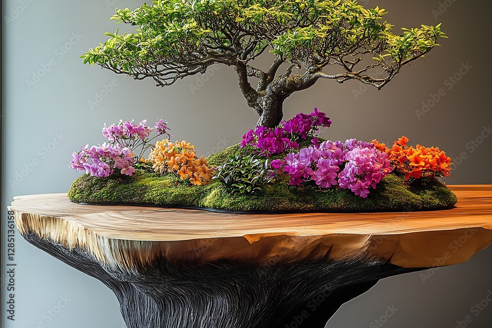 Poster charming bonsai composition with various colorful flowers on an artistic wooden table : generative a