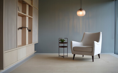 A modern minimalist living room featuring a cream armchair and light wood shelving.