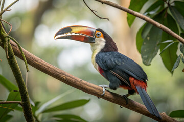 Obraz premium Colorful toucan perched on branch in lush forest setting