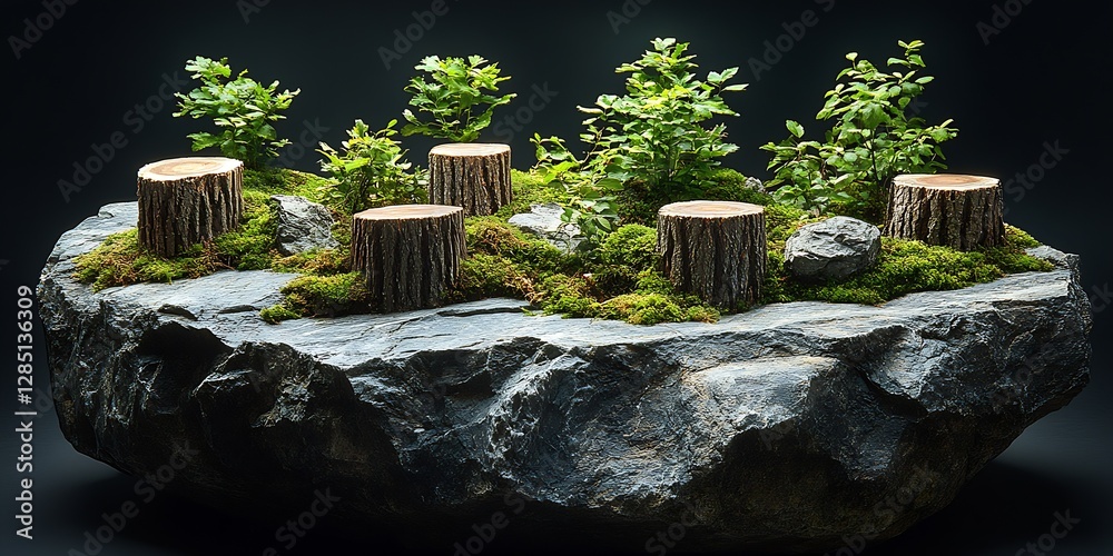 Aufkleber Stylish arrangement of tree stumps with greenery on a rocky foundation creating a tranquil scene : Generative AI