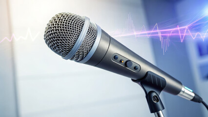 Fototapeta premium close up of microphone with sound wave graphics, symbolizing audio