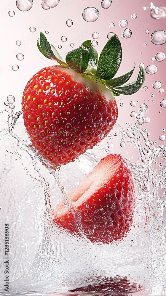 Poster Strawberry Splitting in Water with Bubbles and a Soft Pink Background Creating a Dynamic Image : Generative AI