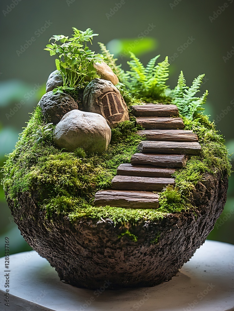 Poster a charming mini garden with moss rocks and wooden pathways showcasing nature's beauty in a unique de