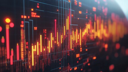 Abstract Stock Market Data Visualization:  Dynamic Orange and Red Charts on a Dark Background