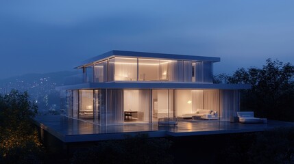 Fototapeta premium A modern, illuminated house design perched on a hillside, showcasing large windows and a sleek structure against a twilight backdrop.