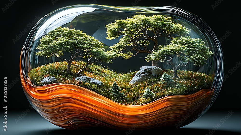 Leinwandbilder an exquisite glass piece capturing the essence of nature with trees and rocky features in a vivid di