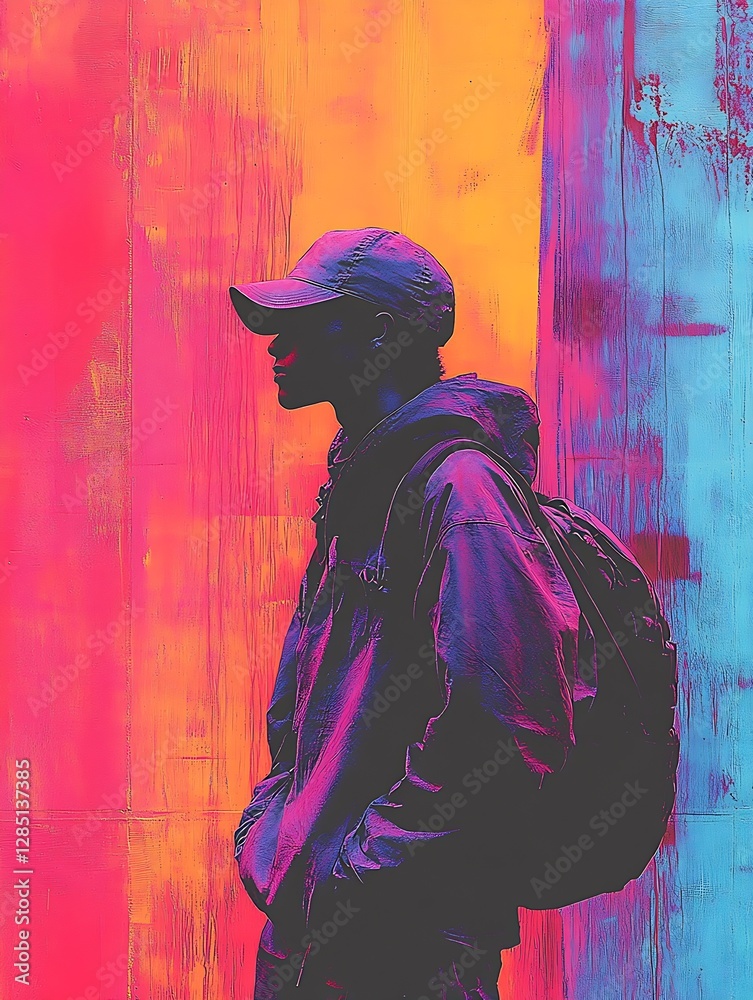 Aufkleber stylish silhouette of a man against a colorful background in urban setting : generative ai