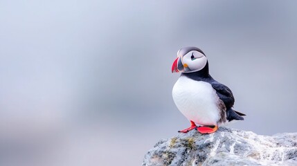 Obraz premium Atlantic puffin perched on rock, ocean background, wildlife photography, nature