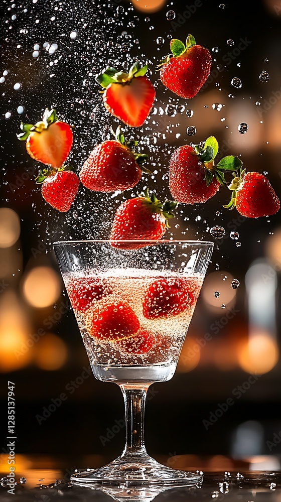Poster bright and fresh strawberries floating in a sparkling beverage glass with bubbles : generative ai
