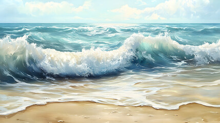 waves with soft foam cresting on a sandy shore, creating a calm and serene atmosphere 