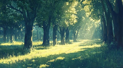 Naklejka premium Serene Sunlit Forest Path with Lush Green Foliage and Gentle Light Streaming Through Trees