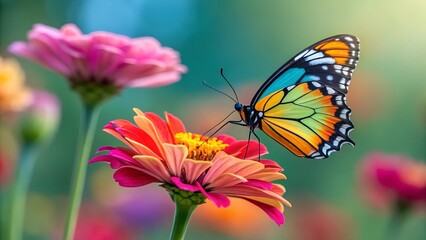 Fototapeta premium Butterfly's Colorful Embrace: A vibrant butterfly, its wings a kaleidoscope of colors, delicately rests on a bright zinnia flower, showcasing nature's artistry and the beauty of life.