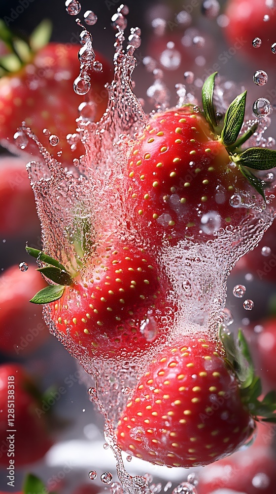 Poster Strawberries splashing in mineral water creating a lively and inviting culinary scene : Generative AI
