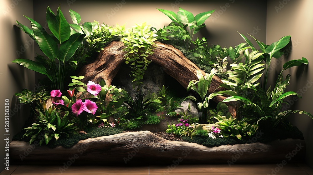 Poster lush and colorful indoor plant display featuring greenery and vibrant flowers in a unique layout : g