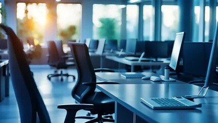 Modern office interior with empty desks and computers, showcasing a bright atmosphere and greenery outside