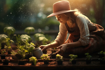 Dedicated gardener tends to small plants in pots while kneeling on rich soil. Soft sunset light filters through trees, creating peaceful atmosphere for growth.