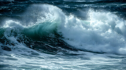 with large waves crashing against the shore, creating dynamic motion and powerful splashes 