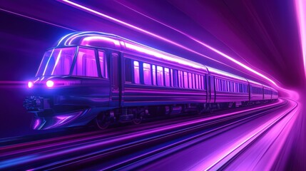 Naklejka premium Futuristic Train Glowing in a Neon Tunnel with Light Trails