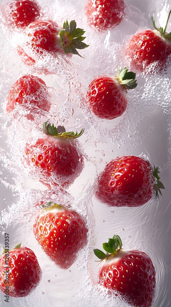 Poster vibrant strawberries in water with bubbles capturing a refreshing moment in nature : generative ai