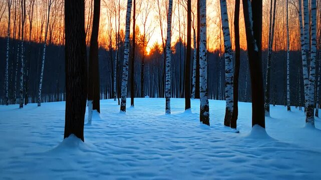 Winter sunset in birch forest, snow-covered ground, golden light