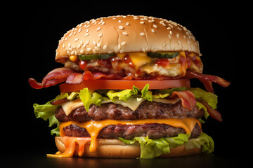 Large, appetizing burger showcases layers of fresh lettuce, tomatoes, crispy bacon, cheese, pickles, and flavorful sauces, appealing for hearty meal.