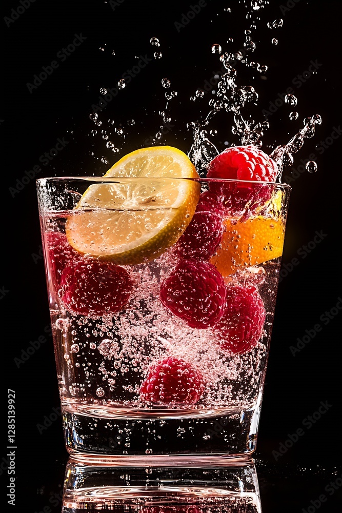 Aufkleber Refreshing Sparkling Drink with Berries and Citrus Slices Perfectly Splashing in Glass : Generative AI