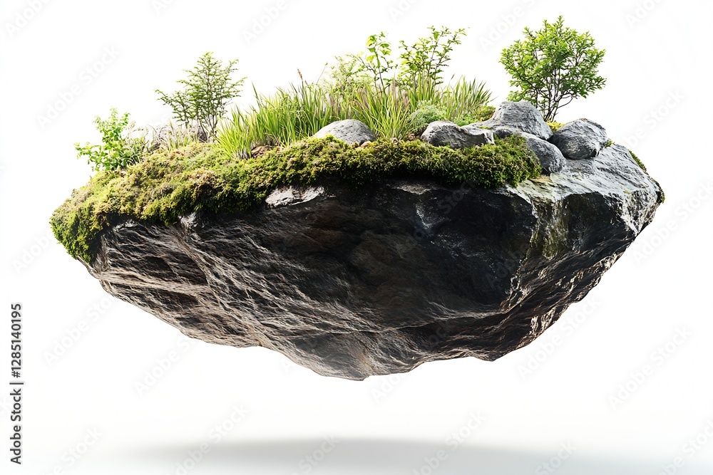 Poster floating island with lush greenery on rock formation against white background : generative ai