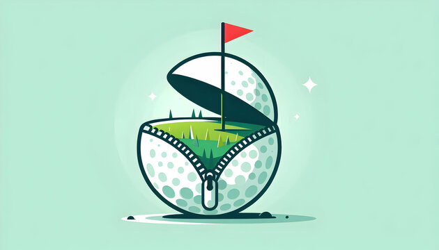 Golf Minimalist flat vector illustration of an unzipped golf ball, revealing bright green grass inside, w1